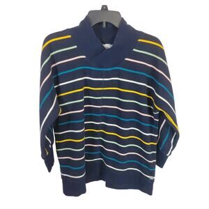 Talbots Navy Blue Autumn Striped Wrap Collar Pullover Top Womens SZ Large Petite